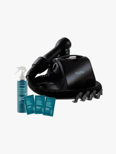 RevAir Reverse Air Hair Dryer in branded components on a light gray background